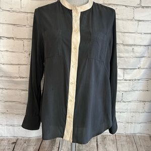 Soft surroundings 100% silk blouse grey with beige trim